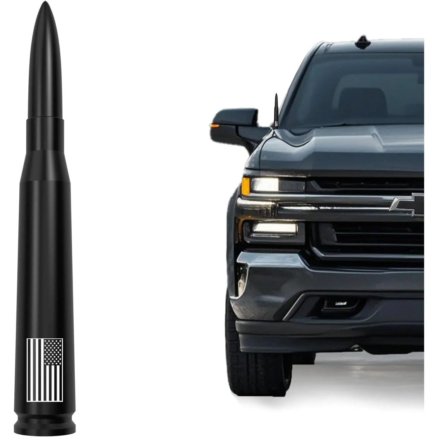 American Flag Car Truck Bullet Antenna for GM Chevy Silverado GMC Sierra 1500 2500 3500 HD Avalanche Denali, Anti Theft Design & Carwash Safe, Pickup Trucks Accessories (Matte Black)