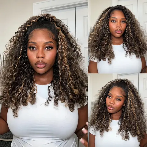 Recool Hair Highlight Balayage Burmese Curly Half Wig Human Hair Wear & Go Glueless Drawstring Wigs 3 in 1 Seamless Flip Over Curly Half Wig for Black Women