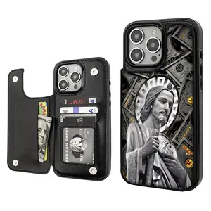 St. Jude Pattern Shockproof Phone Case For iPhone 17/16/15/14/13 Pro Max Plus High-quailty PU Black Durable Leather Credit Card Bag Holder Wallet Shockproof Anti-Drop Full Protection Phone Cases Shell 275