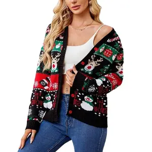 Clearlove Ugly Christmas Sweater for Women Reindeer Funny Merry Knit Sweaters Cardigan Black L