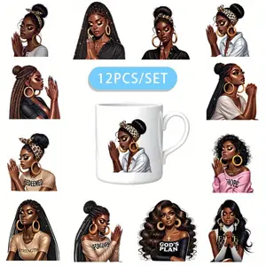 12PCS/SET The praying black lady DIY Skinny Tumblers Wrap Decorative transfer paper UV DTF High Self-adhensive Wraps Transfers Decor Transfer Paper On Cup