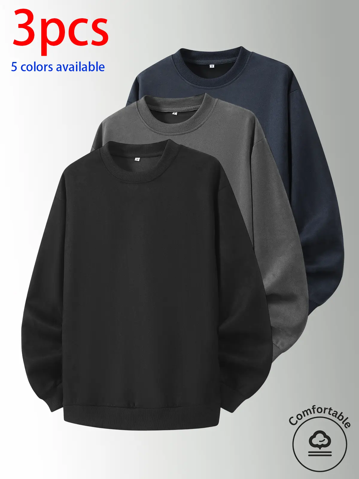 3-pack: men’s crewneck sweatshirt, men’s long-sleeve top, men’s pullover sweatshirt.Loose, comfortable fit; no print design; minimalist options available. Versatile for home, everyday casual wear, outdoor sports, campus, work, and commuting; suitable for