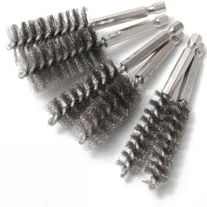 6pcs Standard Copper Tube Pipe Cleaning Brush Set - Stainless Steel Wire Bore Brushes for Power Drill, 1/4” Hex Shank, 1/2” 3/4” 1” Sizes, Rust & Scale Remover for Pipes, HVAC
