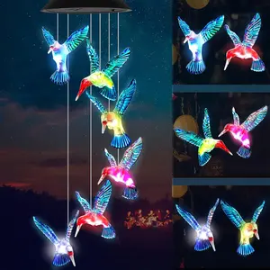 Solar-Powered Blue Hummingbird Wind Chime Light 6 LED Crystal Garden Decor Auto Dusk-to-Dawn Sensor 600mAh Rechargeable Battery Waterproof Outdoor Hanging Ornament for Patio Pathway Party Holiday Gifts Color Changing