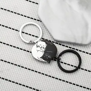 New Creative Black and White Cartoon Cat Stainless Steel Keychain, Japanese Lovely Couple Keychain Pendant