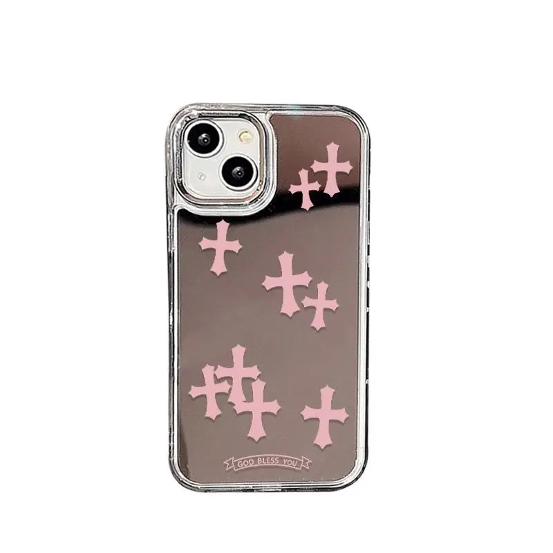 Pink Cross Mirror Pattern Smartphone Case - Shockproof, Durable Handheld Casing Protector for iPhone 11-16 Pro Max, iPhone 15, Stylish Aesthetic Phone Accessory, Made in USA Gift