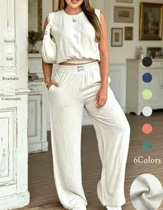 Women's 2-Piece Solid Color Tank Top & Wide Leg Pants Set, Womenswear Matching Casual Fashion Breathable Elastic Outfit for Daily Outdoor Wear, Ladies Clothes for Summer