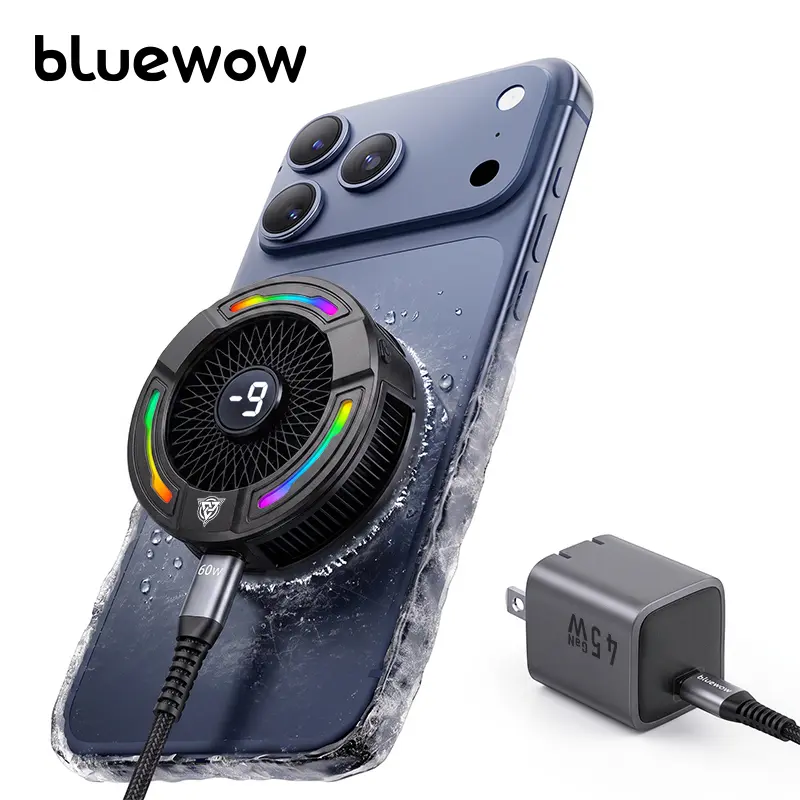 BlueWow ABS Magnetic Phone Cooler - Clip-On Portable Smart Mini USB Fan, Aluminium Build, USB-A Compatible, Smart Temp Control, RGB Light, 3-Speed Low-Noise, 5V 3A Cable, Adjustable Clip, MagSafe Films for iPhone 15/16 Pro Max, Samsung, iPad Gaming, Bluew