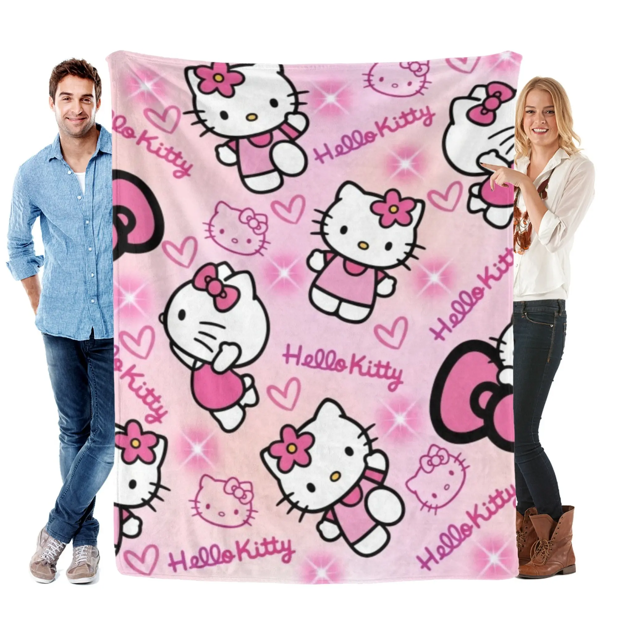 SANRIO Classic Hello Kitty Cute Pink Cartoon Pattern Flannel Blanket - Flannel Softness, All-Season Cozy Throw for Home, Office, Travel [SummerVibes]