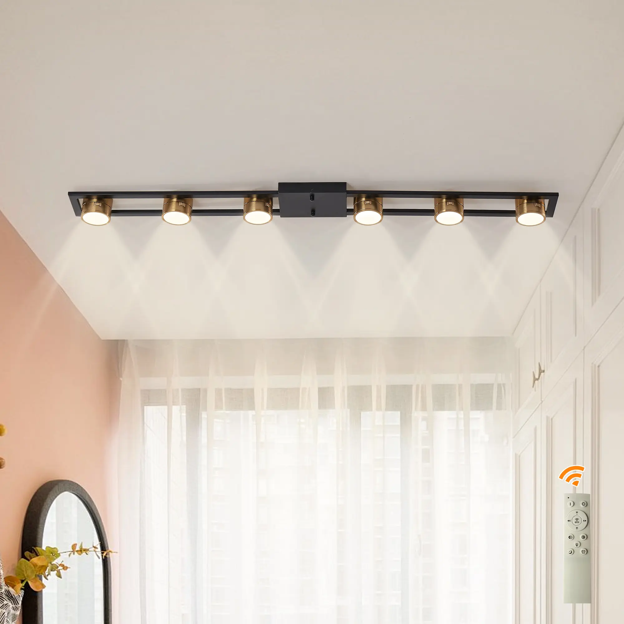 Garwarm Modern Ceiling Light Track Lighting Fixtures, 48.4 Inch Dimmable LED Kitchen Ceiling Light with Remote 6-Light Black LED Chandelier for Dining Room Bedroom Led Lighted