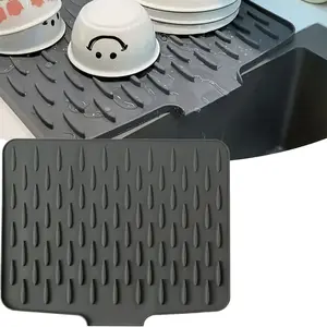 Extra Large Non-Slip Silicone Drying Mat with Drainage System - Heavy-Duty Dish Rack & Sink Organizer, Heat-Resistant, Dishwasher-Like Design for Countertops, Sinks, Refrigerator - Black/Gray, Easy-Clean Surface (Fits Pots, Pans)