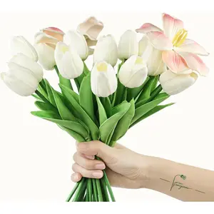 20Pcs Cream Tulips Artificial Flowers Real Touch PU Faux Tulips 18 Buds & 2 Fully Blooms Fake Flowers for Home Decor - Easter Spring Table Arrangement (Bedroom, Living Room, Kitchen)