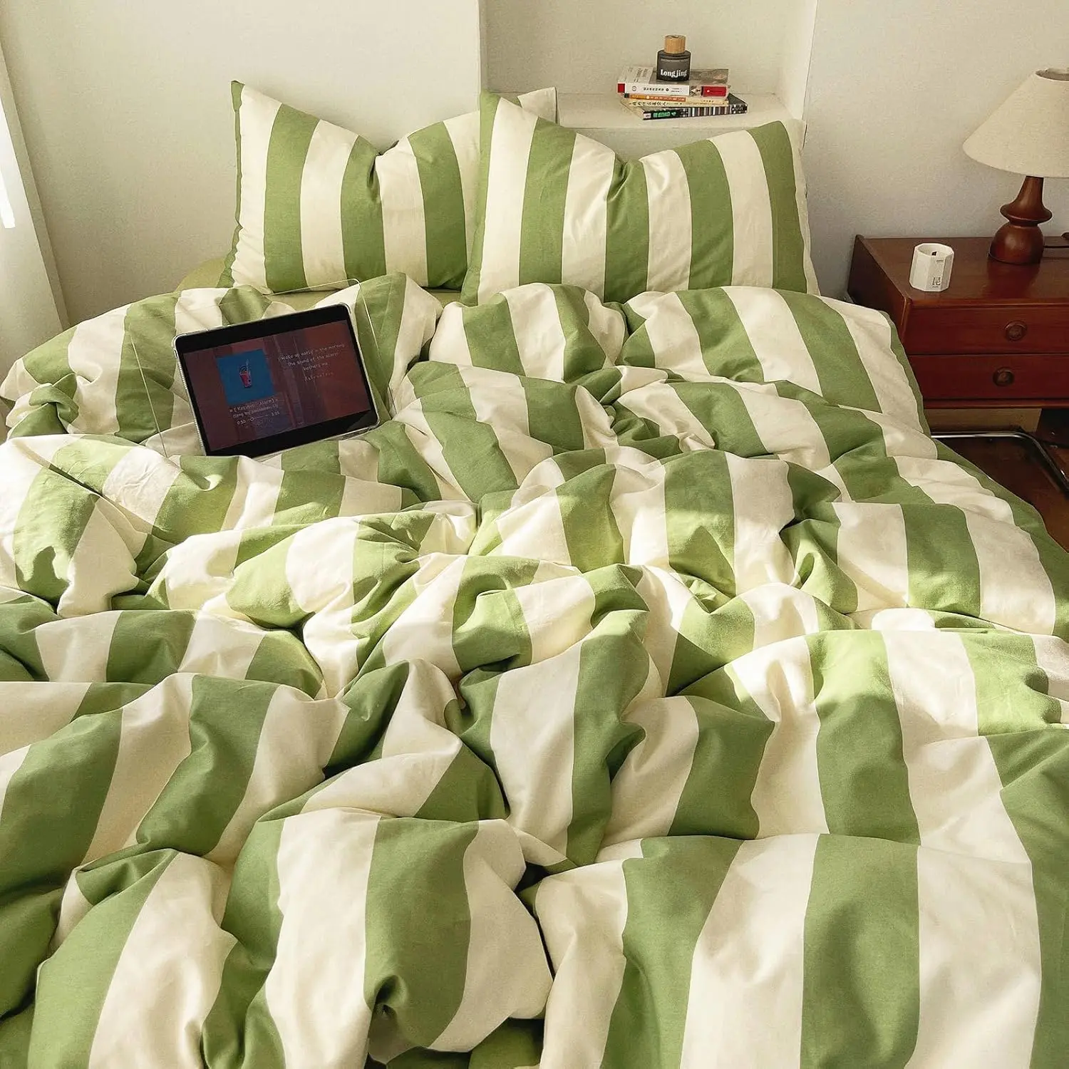 3 Pieces Queen Size Striped Duvet Cover Set, 100% Washed Microfiber Sage Green White Stripes Printed Comforter Cover, Soft Breathable Farmhouse Striped Bedding Set 3 Pieces Queen Size Striped Duvet Cover Set, 100% Washed Microfiber Sage Green White Stripes Printed Comforter Cover, Soft Breathable Farmhouse Striped Bedding Set