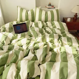 3 Pieces Queen Size Striped Duvet Cover Set, 100% Washed Microfiber Sage Green White Stripes Printed Comforter Cover, Soft Breathable Farmhouse Striped Bedding Set