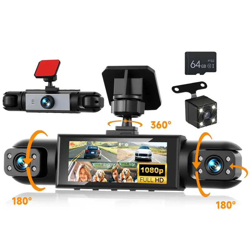 SummerVibes 4-Channel 360-Degree View Car Dashcam - 1080P HD Wide-Angle Dual Lens Windshield Camera Video Surveillance, 8 IR Night Vision, 3.16-Inch IPS Screen, SD Support, Loop Recording, Locked Videos, Car Vehicle Auto Accessories, Father's Day Gift, Ca