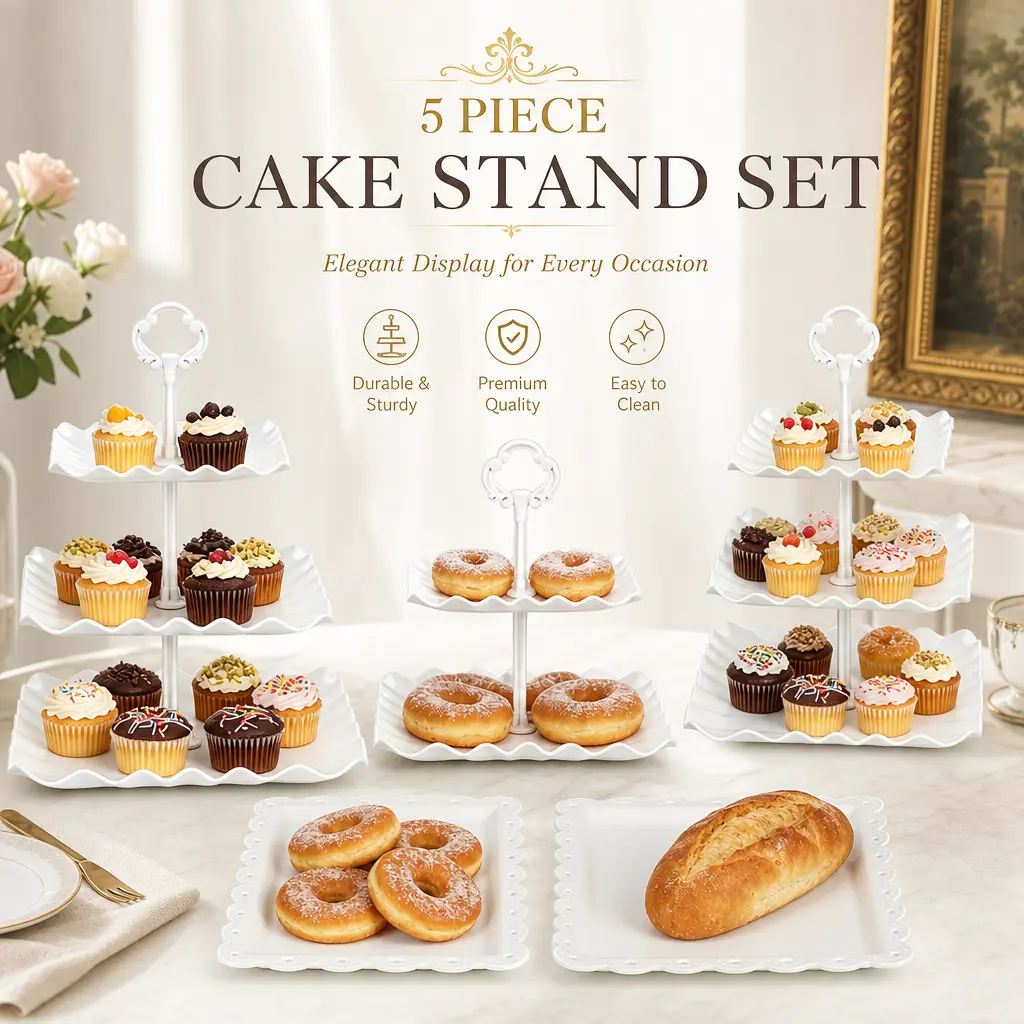5 Piece White Square Cake Stand Set – Includes 2 x 3-Tier Cupcake Stands, 1 x 2-Tier Stand, 2 x Appetizer Trays – Perfect for Wedding, Birthday, Tea Party Decor