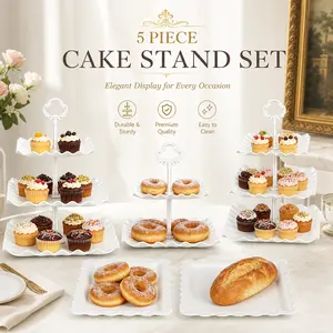 5 Piece White Square Cake Stand Set – Includes 2 x 3-Tier Cupcake Stands, 1 x 2-Tier Stand, 2 x Appetizer Trays – Perfect for Wedding, Birthday, Tea Party Decor