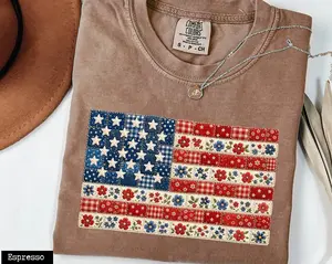 Comfort Colors Faux Patchwork Floral American Flag T-shirt, Retro American Flag Shirt, USA Flag Tee, 4th of July Shirt, Patriotic Tshirts