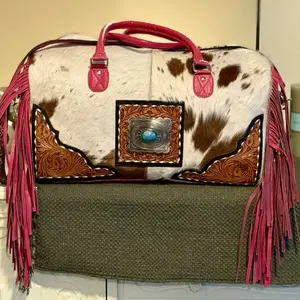 Weekender Cowhide Tooled pink Leather Fringe Duffle Bag with Concho