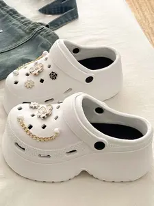 Fashion White High Heel Clogs For Women Breathable Hollow Out Design Lightweight Thick Bottom Walking Slippers