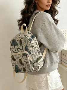 1 piece of 2D printed lady's backpack with forest animal pattern, corduroy texture + layered storage + light weight reduction | Suitable for students to go to class/shopping/short trips | Combines atmosphere with practicality