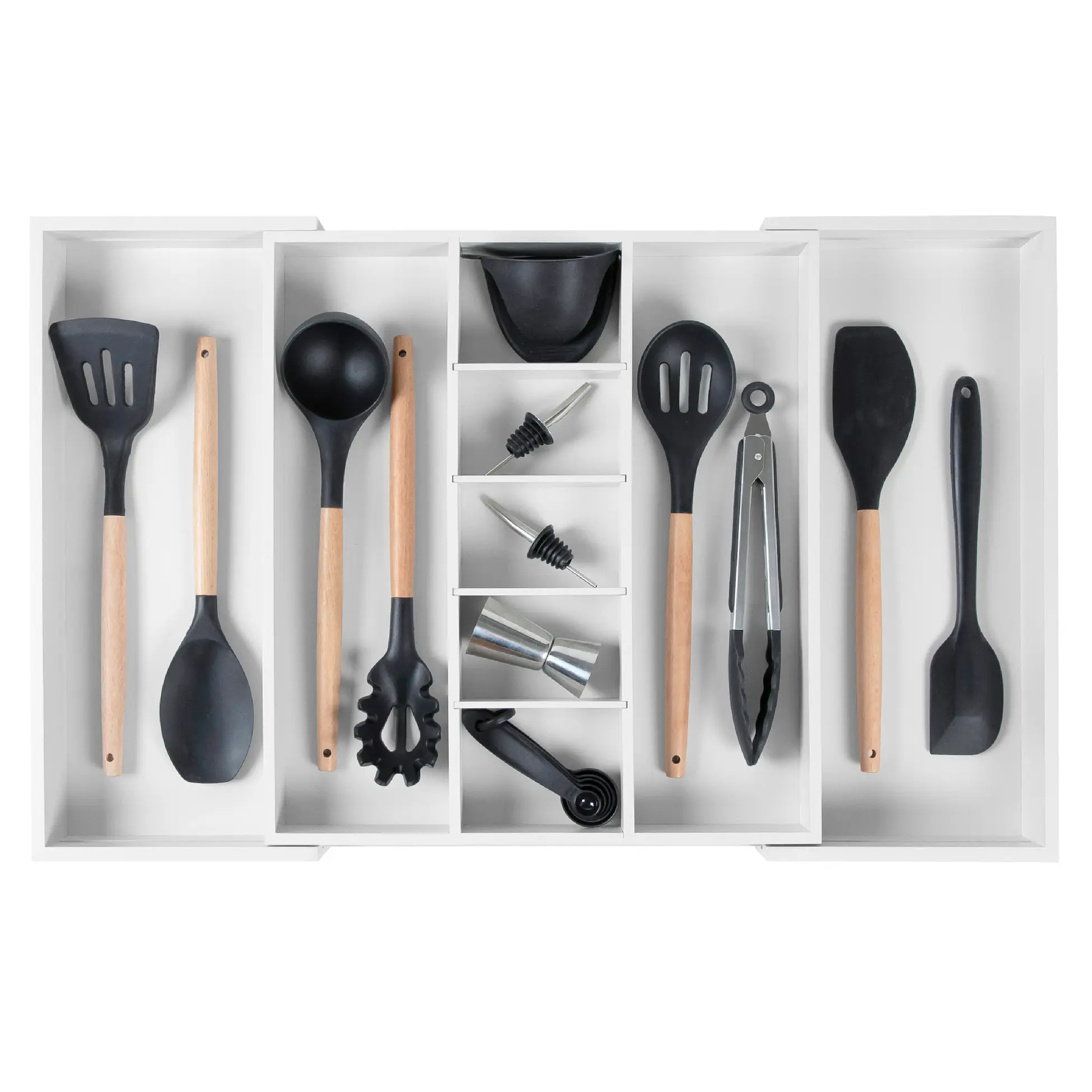 Adjustable Kitchen Drawer Organizer for Utensils and Junk, Food-Safe Contract Grade with 100% Sustainable Wood, Non-Slip, Expandable from 16 to 28 Inches Wide - White Bamboo Racks Rubber