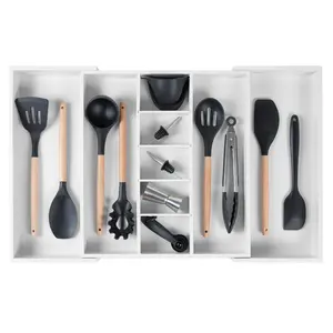 Adjustable Kitchen Drawer Organizer for Utensils and Junk, Food-Safe Contract Grade with 100% Sustainable Wood, Non-Slip, Expandable from 16 to 28 Inches Wide - White Bamboo Racks Rubber