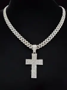 Men's Hip Hop Punk Cross Pendant Necklace, 9mm Water Drill Cuban Link Chain, Vintage Fashion Jewelry, Daily Wear or Party Gift