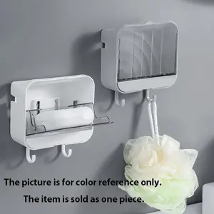 1pc Punch-free Soap Box, Wall-mounted Soap Dish With Lid & Hooks, Bathroom Soap Storage Box