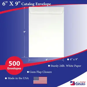 500 Minas Envelope - 6x9 Catalog Envelopes, Open End with Gummed Seal, 24lb White Paper, for Catalogs, Presentations and Newsletters, 500 Count