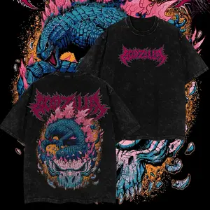 Godzilla God Of The World Retro Double Printed Heavyweight Cotton Tee Monsterverse Kaiju Vintage Washed Oversized Shirt Unisex Casual Daily & Workout Streetwear Top For Men Women Fans