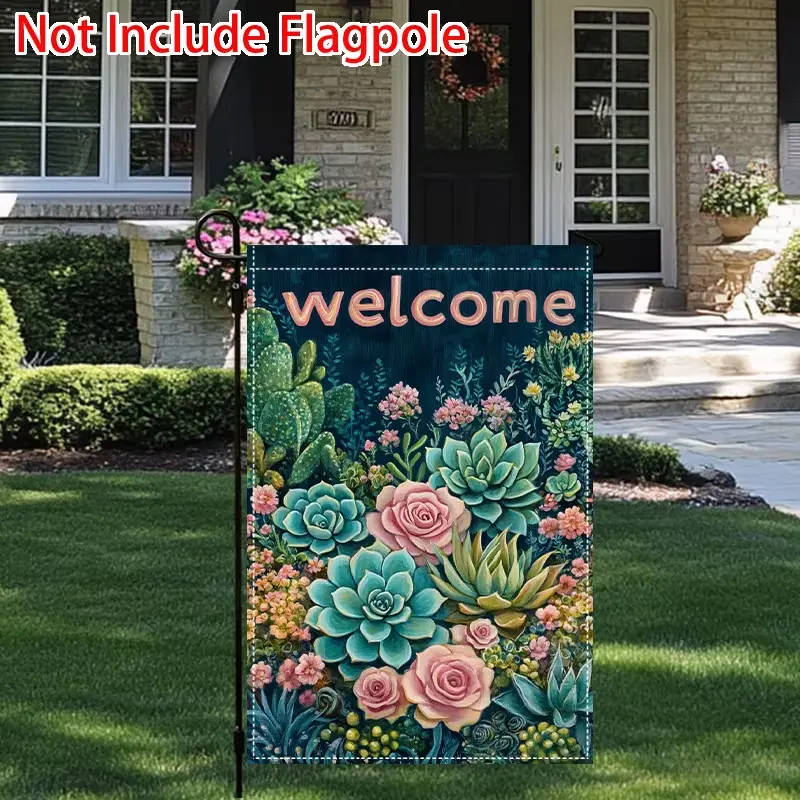 Welcome Succulent Rose Garden Flag Double Sided, Teal Cactus Floral Yard Flag Spring Summer Outdoor Decor, Pink Flower Farmhouse Small House Flag for Lawn Patio Porch, No Flagpole banners