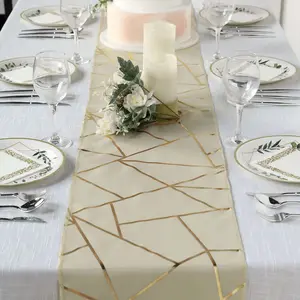 Polyester Table Runner 9ft Beige with Gold Foil Geometric Pattern