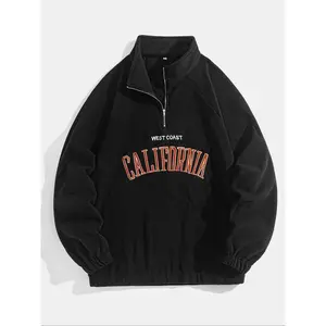 Men's Letter Embroidery Polar Fleece Quarter Zip Sweatshirt, Casual Regular Fit Raglan Sleeve Stand Collar Pullover for Fall & Winter, Fashion Men's Clothes for Daily Wear