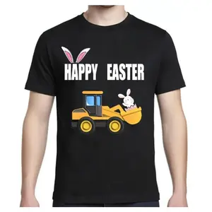 Bunny Excavator Happy Easter Graphic Tee Mens Funny Construction Shirt Short Sleeve Crewneck Cotton Casual Streetwear Gift