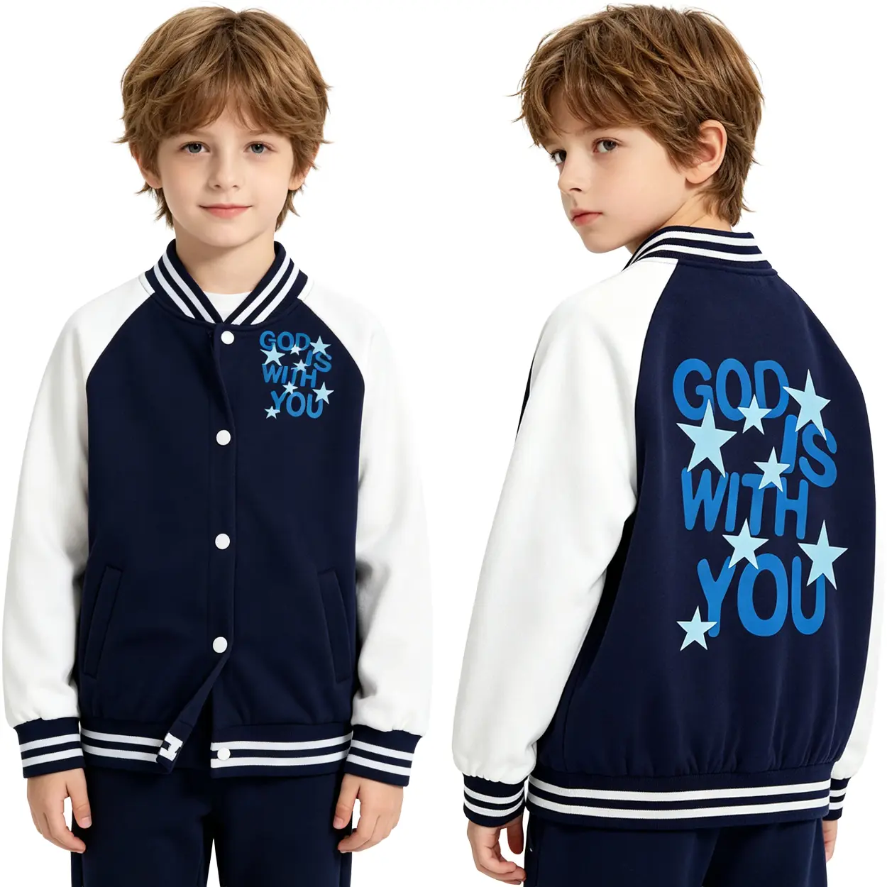 Kids' Fitted Varsity Jacket, Athletic Colorblock Polyester Top with Raglan Long Sleeves and Buttons for School, Crew Neck, Arm Sleeve, Boys, Snap, Outdoor Play, All Seasons, Windproof, 10 - 11 Years, Cold Wash, Comfortable, Durable