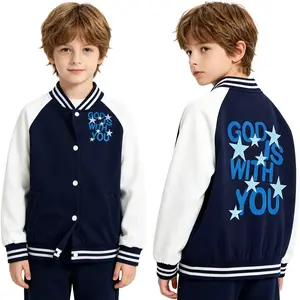 Kids' Colorblock Varsity Jacket, Raglan Long Sleeve Crew Neck Baseball Outerwear for Boys & Girls, Soft Button-Up for School & Daily Wear