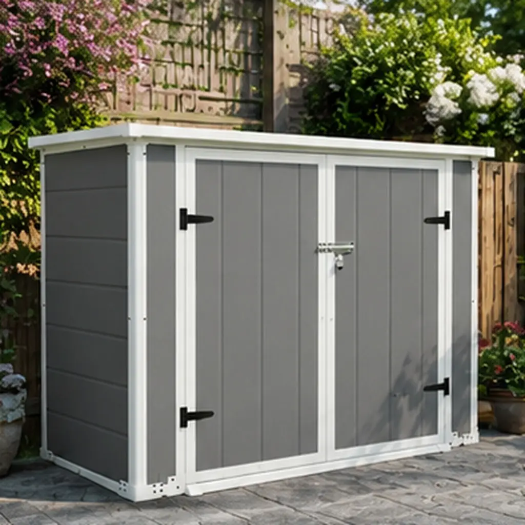 Horizontal Outdoor Storage Shed with Ramp & Hydraulic Lid, Lockable Waterproof Metal Cabinet for Trash Cans, Tools, Firewood, 33.46 cu.ft, Gray, for Backyard Patio Garden, Gray Color Options, Metal Material, Product Dimensions: 28.90 W x 56.10