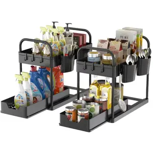 2 Pack under Sink Organizer, 2 Tier Bathroom Cabinet Organizer with Sliding Basket, Multi-Purpose under Sink Organizers and Storage