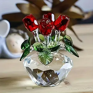 Red Rose Figurine Ornament Spring Bouquet Crystal Glass Flowers Gift-Boxed