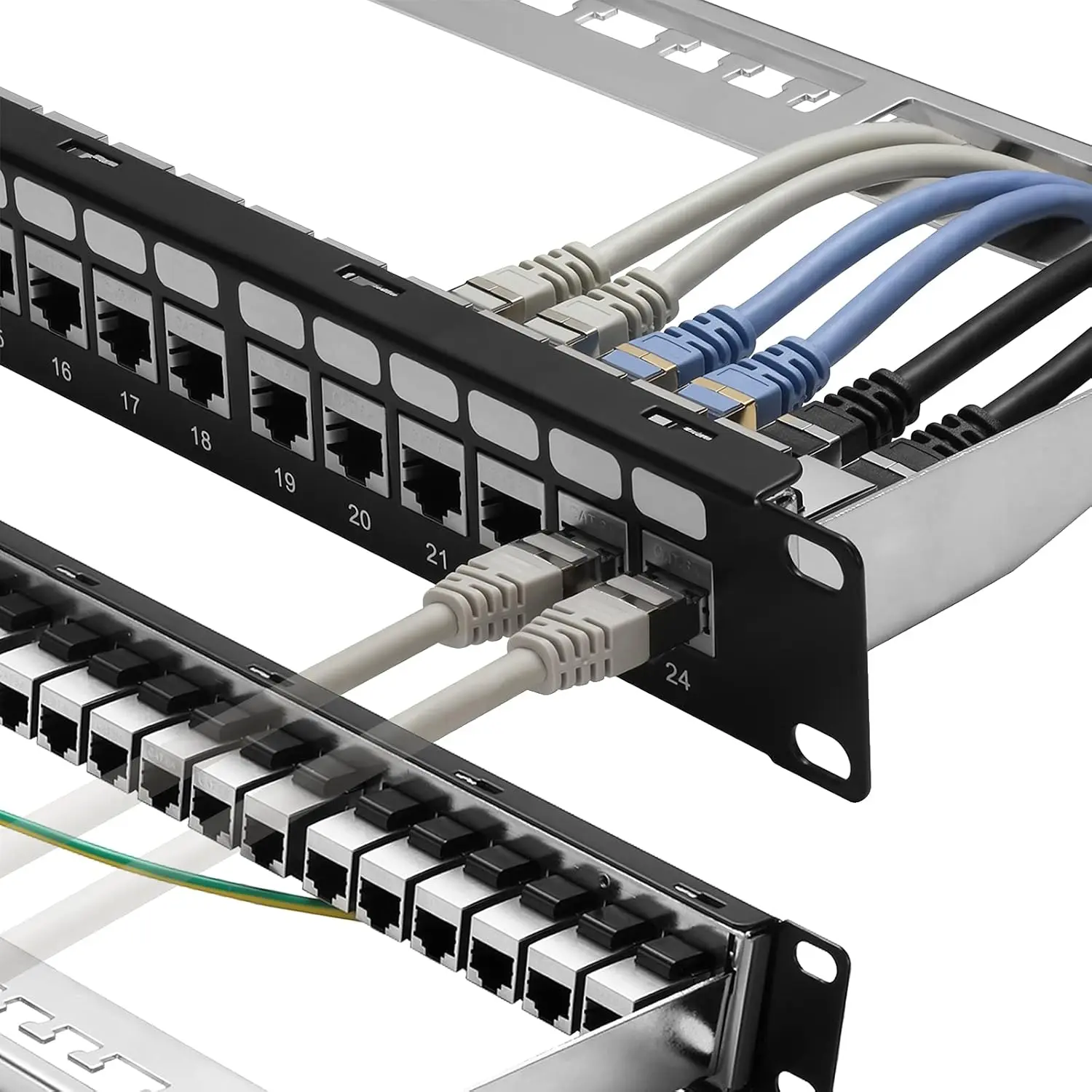 Patch Panel 24 Port Cat6A with Inline Keystone 10G Support, Coupler Patch Panel STP Shielded 19-Inch with Removable  Bar, 1U Network Patch Panel for Cat7, Cat6, Cat6A, Cat5e