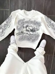 Unisex Loose Sequined Angel Print Set, Hoodie + Long Pants with Symbolism Artistry Pattern, Soft Fleece Fabric, Casual Streetwear Style