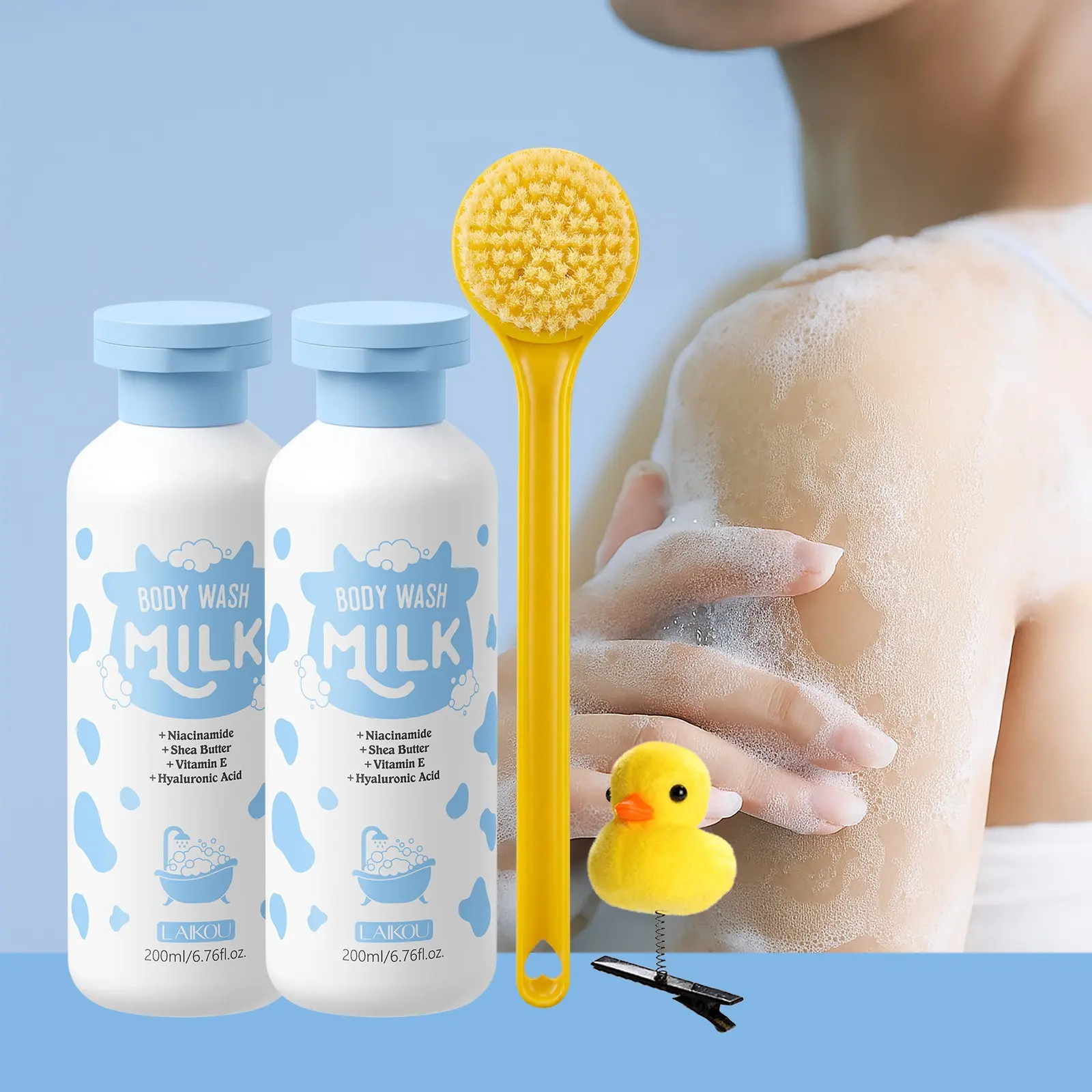Nourishing Milk Shower Cream Duo, Body Hygiene Products: LAIKOU 400ml Body Care Bundle Body Wash Kit with Niacinamide & Vitamin E - Smoothing Skin Cleanser - Set Includes Exfoliating Back Scrubber for Deep Cleaning - Gentle for All Skin Types