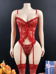 Underwear sexy style front strap fashionable lingerie high-end soft lace bra stockings women's sexy lingerie set outfit Garters Womenswear Bridal Vneck bow panty set  Halloween Lace Bodysuits