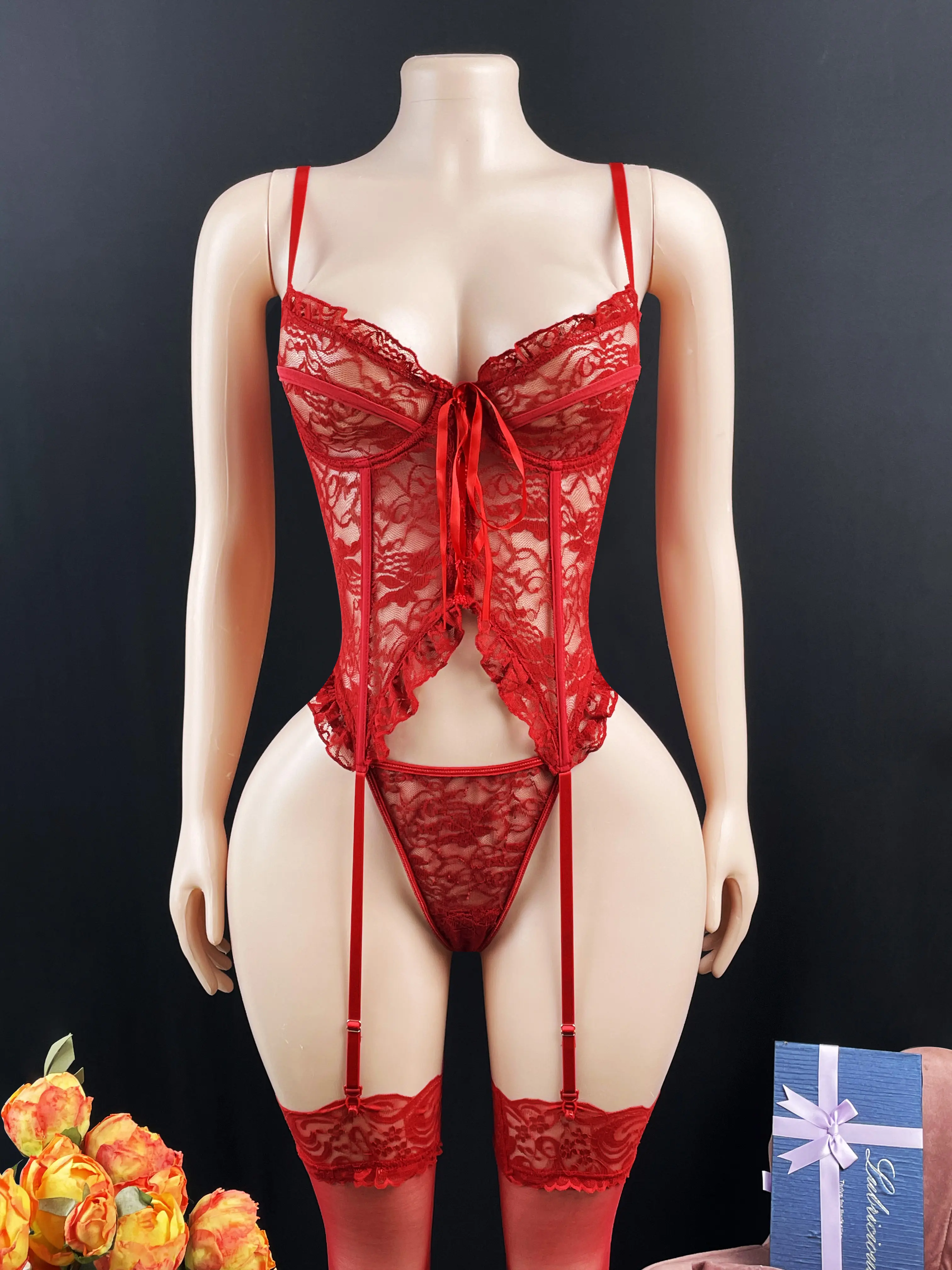 Underwear sexy style front strap fashionable lingerie high-end soft lace bra stockings women's sexy lingerie set outfit Garters Womenswear Bridal Vneck bow panty set  Halloween Lace Bodysuits