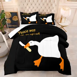 Cartoon White Goose Pattern Print Comforter Set, A Comforter and 1/2 Coreless Pillowcase, Peace Was Never an Option Combined With Fun Style, Fashion Warm Bedroom Bedding, Gifts for Children