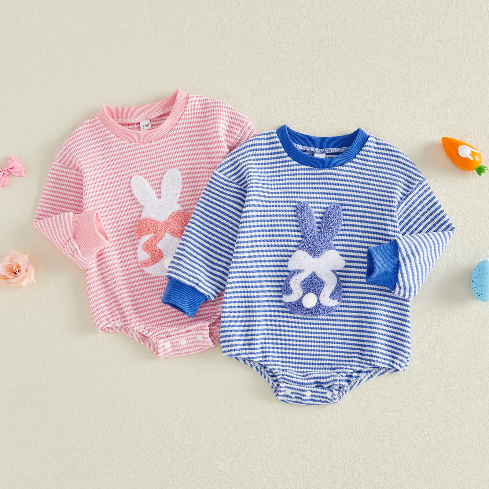 Infant Baby Girl Easter Romper Long Sleeve Waffle Striped  Bunny Embroidery Cute Spring Jumpsuit 0-18 Months