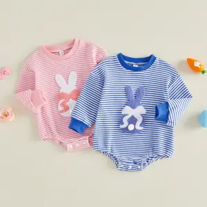 Infant Baby Girl Easter Romper Long Sleeve Waffle Striped  Bunny Embroidery Cute Spring Jumpsuit 0-18 Months