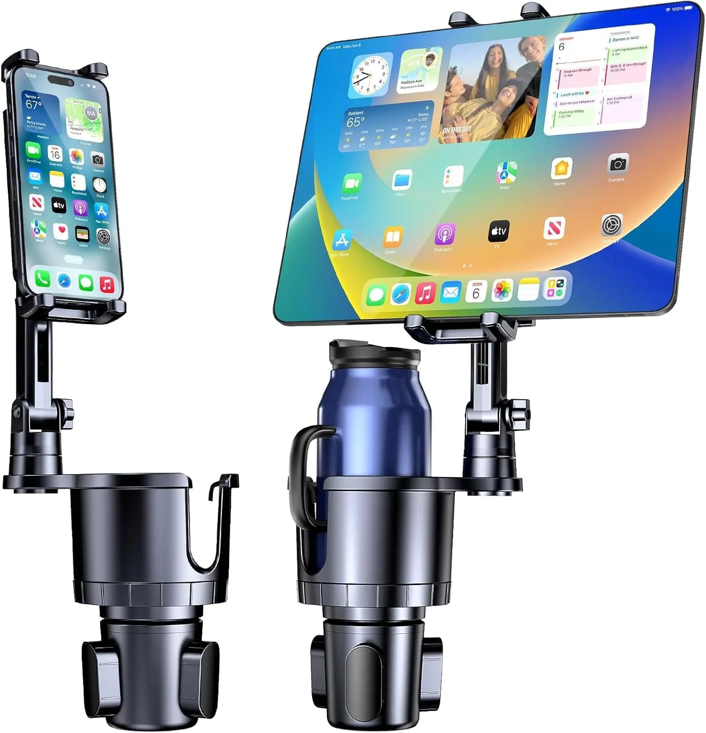Multifunctional Cup Holder 2-in-1 Car Phone & Tablet Mount, Car Accessories with Expander, Adjustable Long Arm, 360-Degree Rotation, Universal for Smartphones, iPads & Most Bottles