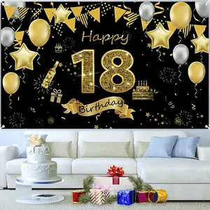 1pc Large Reusable Polyester 18th Birthday Party Banner, 180cm×110cm/70.8in×43.3in Black and Gold Indoor Backdrop, Home Festive Party Decoration Supply